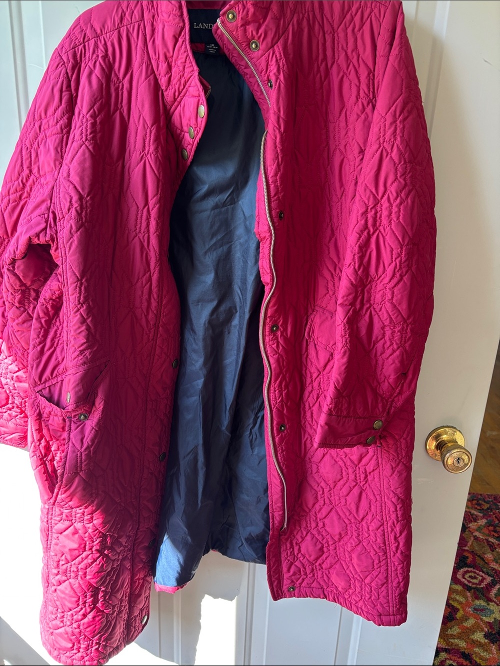 Lands' End Quilted mid length  primaloft Coat in Cranberry Pink